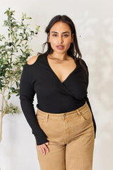 Culture Code Full Size Ribbed Surplice Cold Shoulder Top - Trendsi