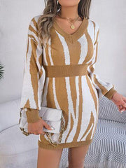 Animal Print V-Neck Long Sleeve Sweater Dress - Trendsi