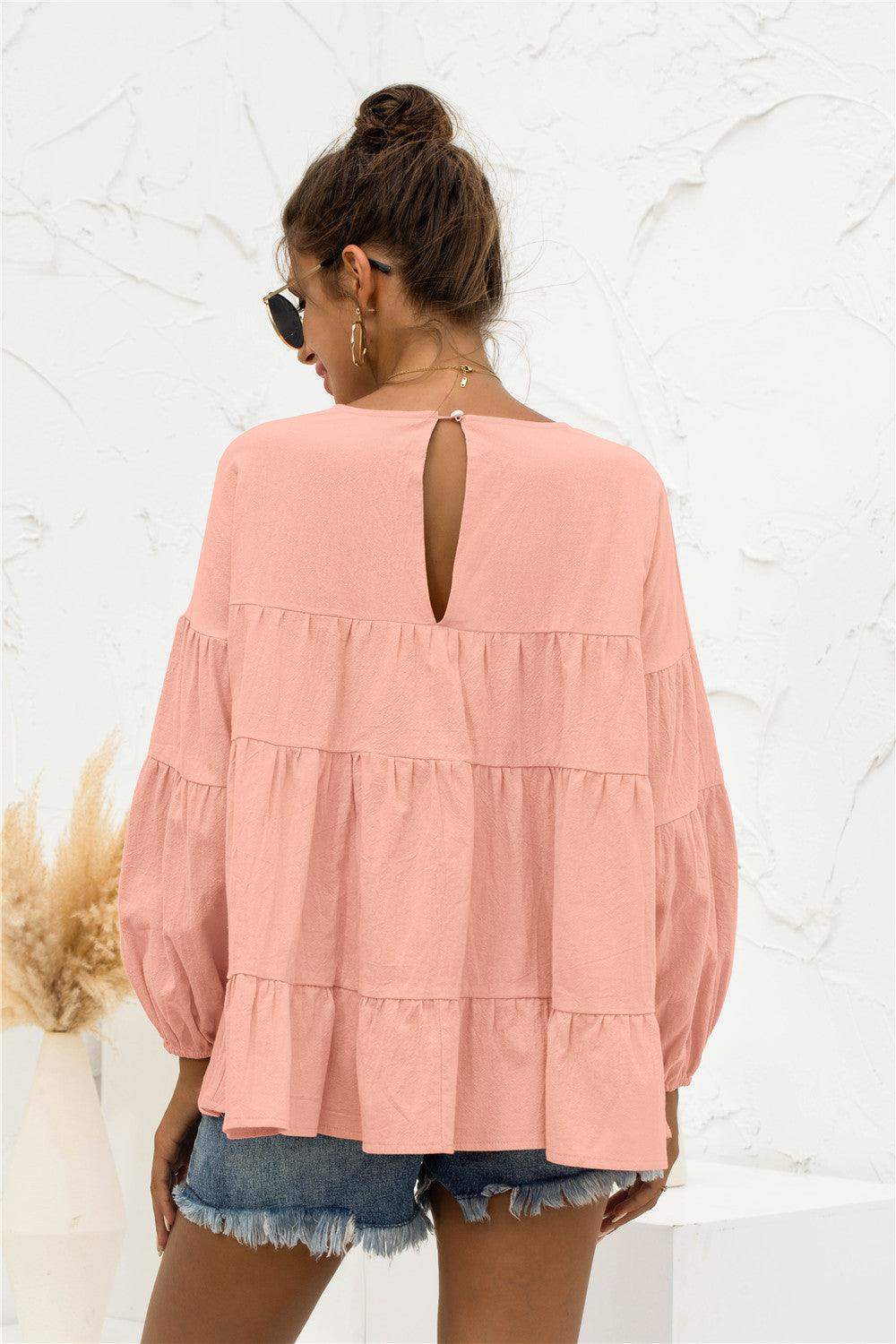 Round Neck Bubble Sleeve Tiered Blouse - Trendsi - Flyclothing LLC