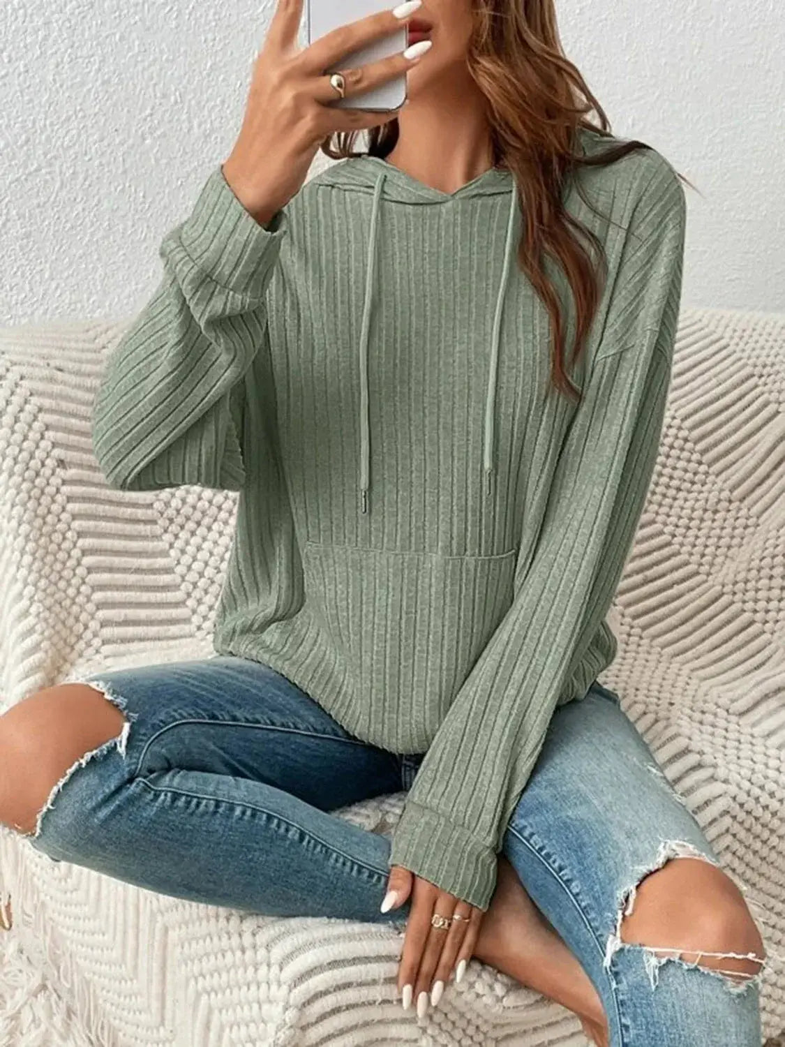 Ribbed Dropped Shoulder Drawstring Hoodie - Trendsi - Flyclothing LLC