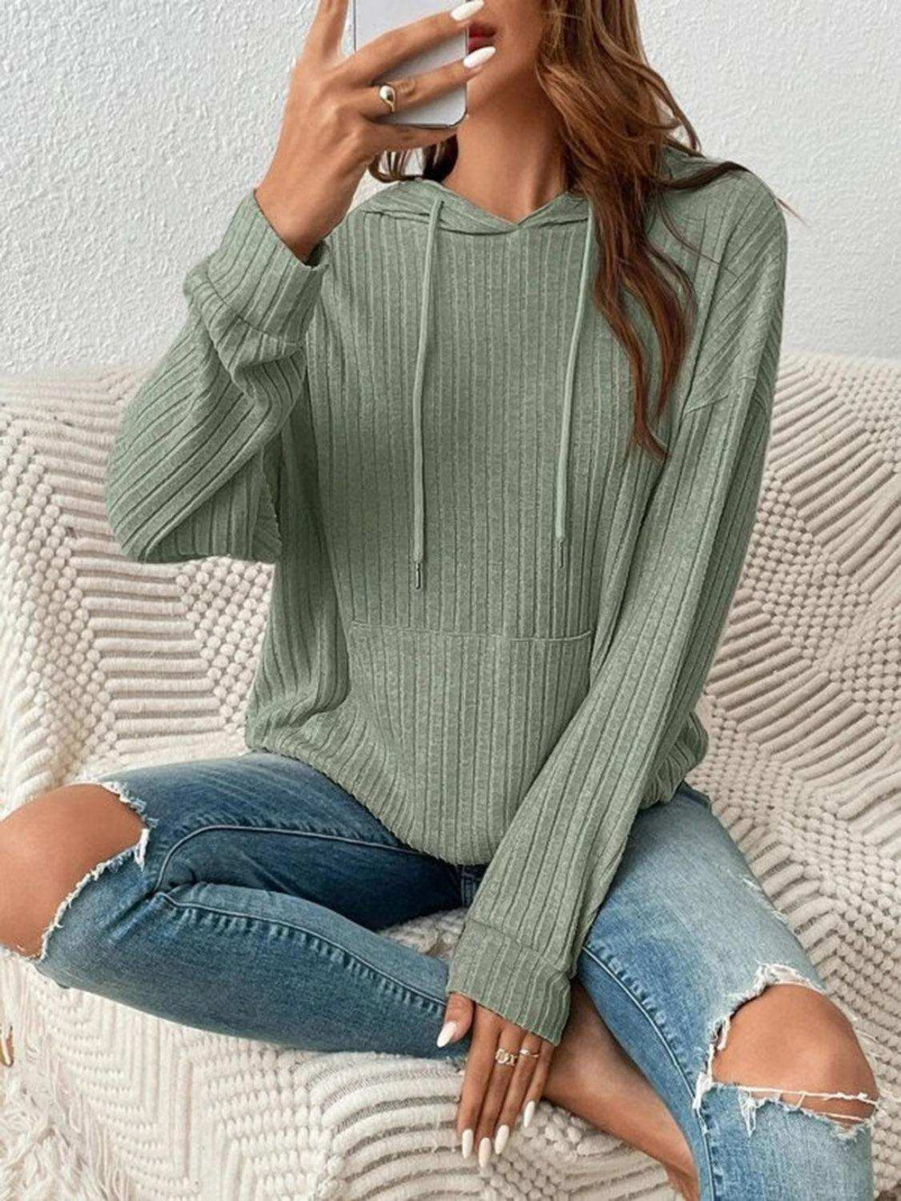 Ribbed Dropped Shoulder Drawstring Hoodie - Trendsi - Flyclothing LLC