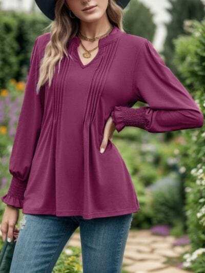 Notched Smocked Flounce Sleeve Blouse - Trendsi - Flyclothing LLC