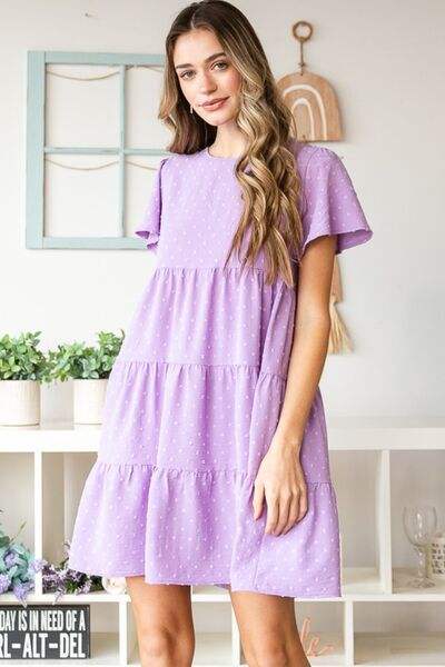 Heimish Full Size Swiss Dot Short Sleeve Tiered Dress - Trendsi - Flyclothing LLC
