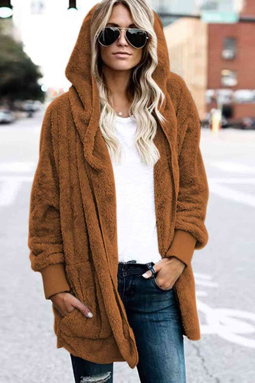 Teddy Hooded Jacket with Pockets - Trendsi - Flyclothing LLC