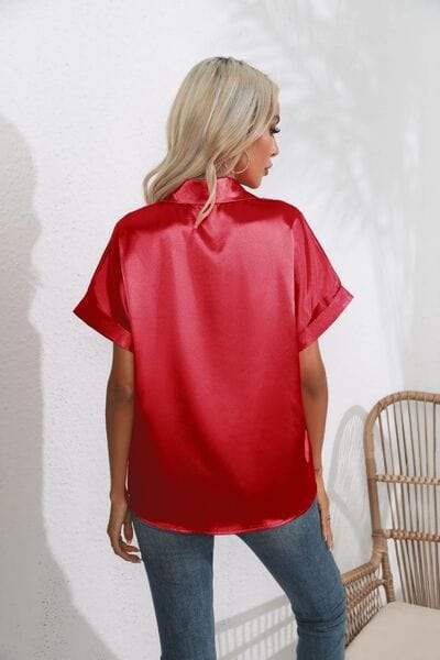 Collared Neck Short Sleeve Shirt - Trendsi - Flyclothing LLC