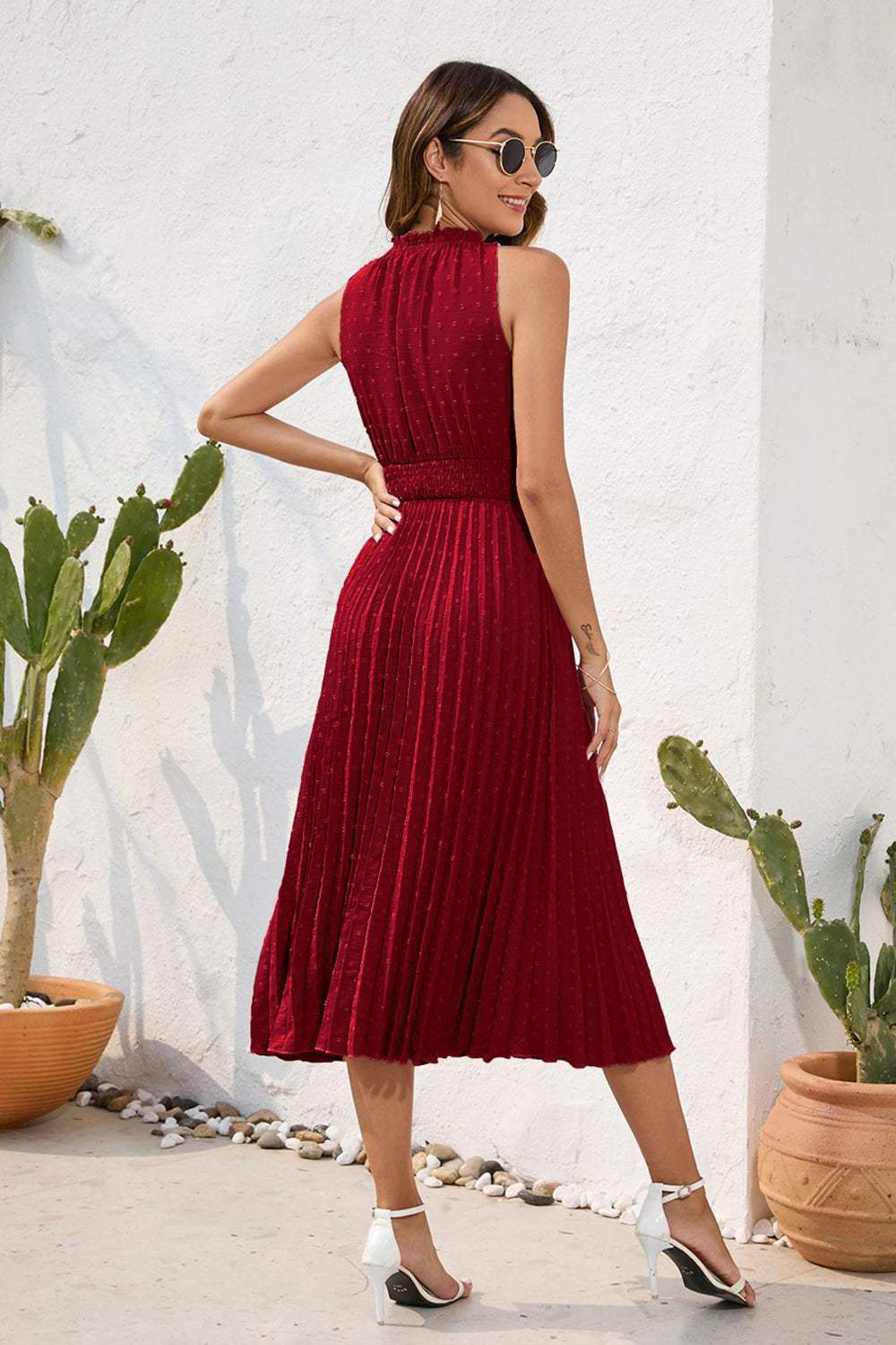Swiss Dot Tie Neck Sleeveless Dress - Trendsi - Flyclothing LLC