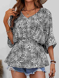 Printed V-Neck Dolman Sleeve Blouse - Trendsi - Flyclothing LLC