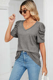 Heathered V-Neck Puff Sleeve T-Shirt - Trendsi - Flyclothing LLC