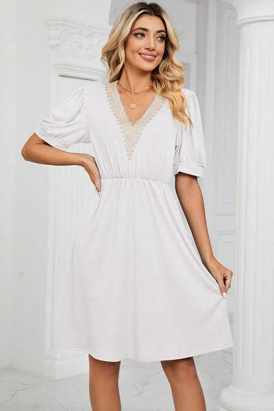 V-Neck Puff Sleeve Dress - Trendsi - Flyclothing LLC