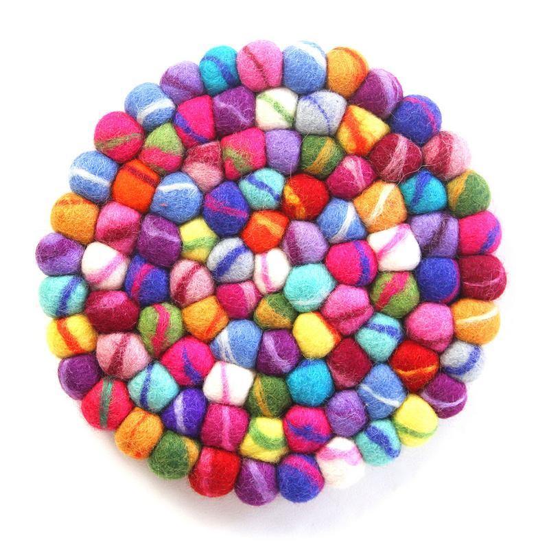 Hand Crafted Felt Ball Coasters from Nepal: 4-pack, Rainbow - Global Groove (T) - Global Groove