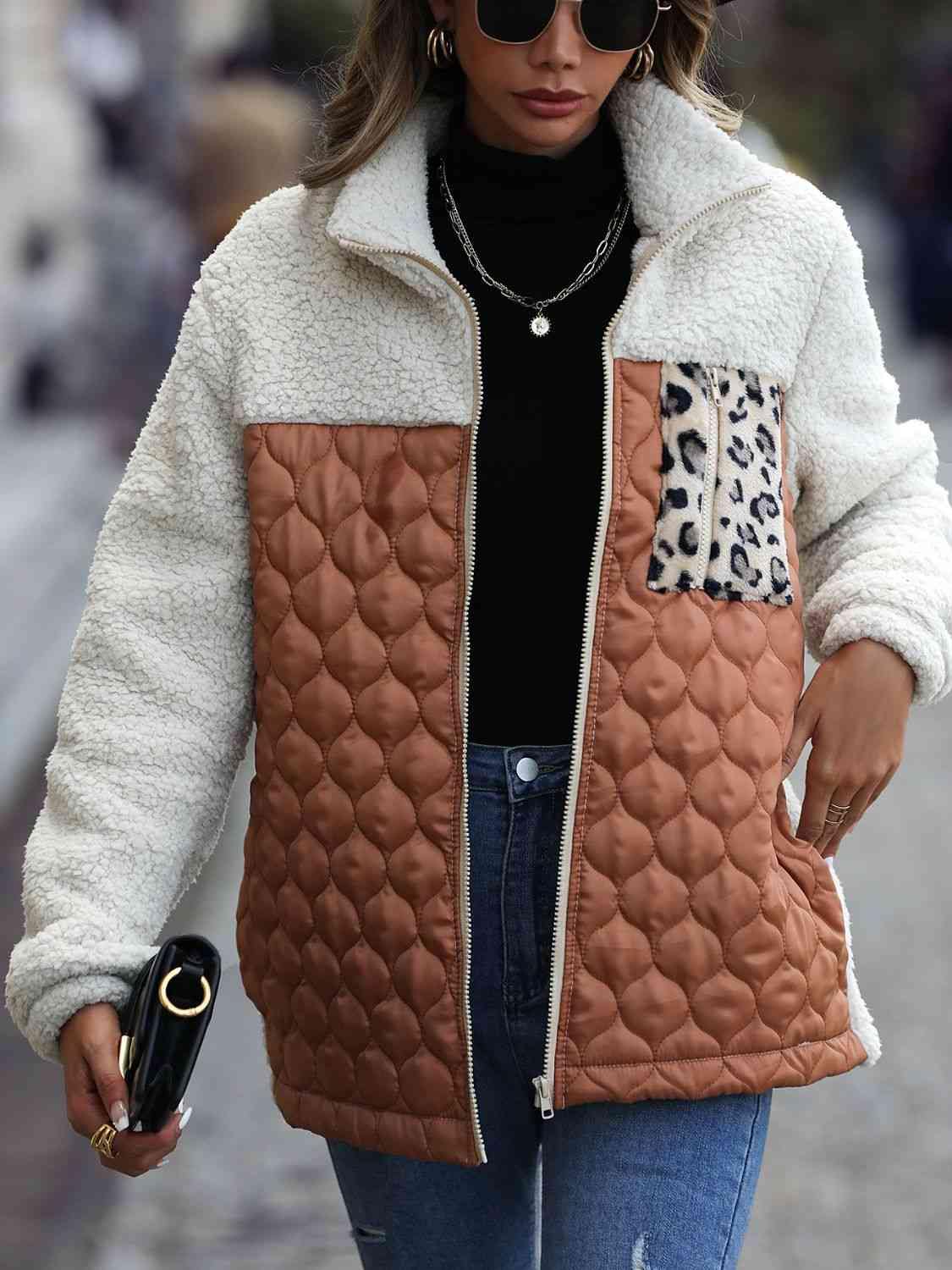 Leopard Color Block Zip-Up Jacket - Trendsi