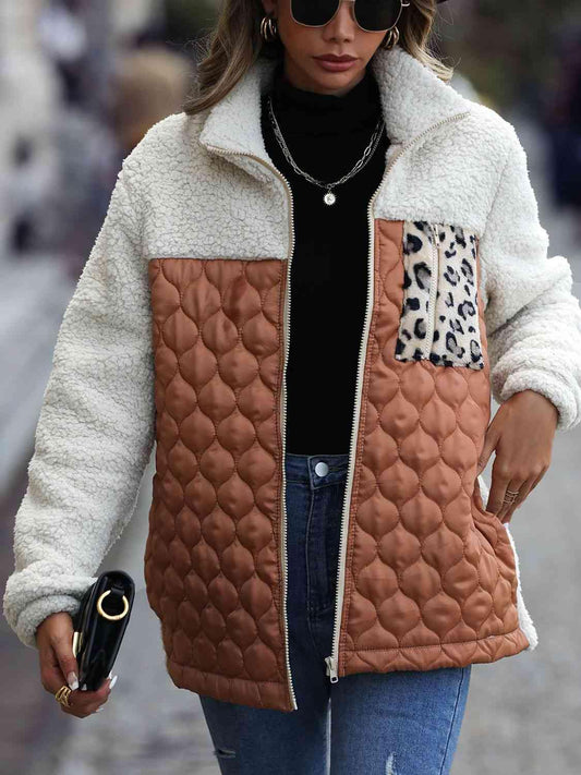 Leopard Color Block Zip-Up Jacket - Trendsi