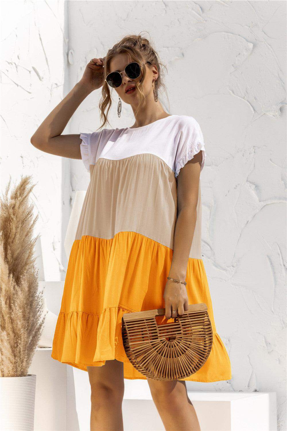 Color Block Round Neck Ruffle Hem Dress - Trendsi - Flyclothing LLC