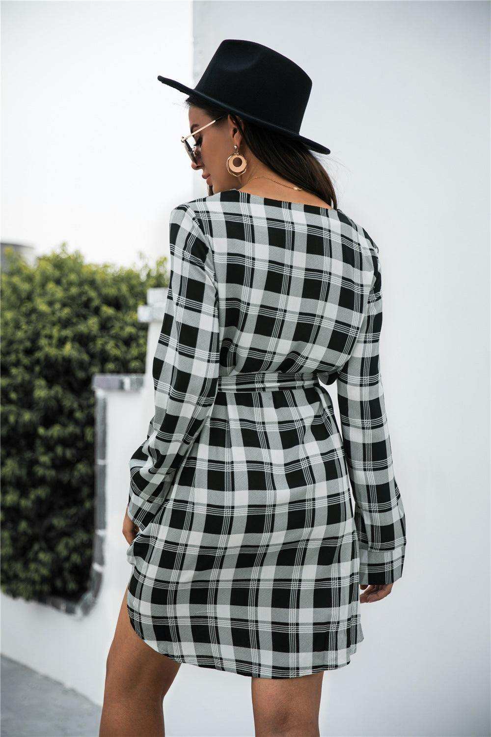 Plaid V-Neck Tie Waist Dress - Trendsi - Flyclothing LLC