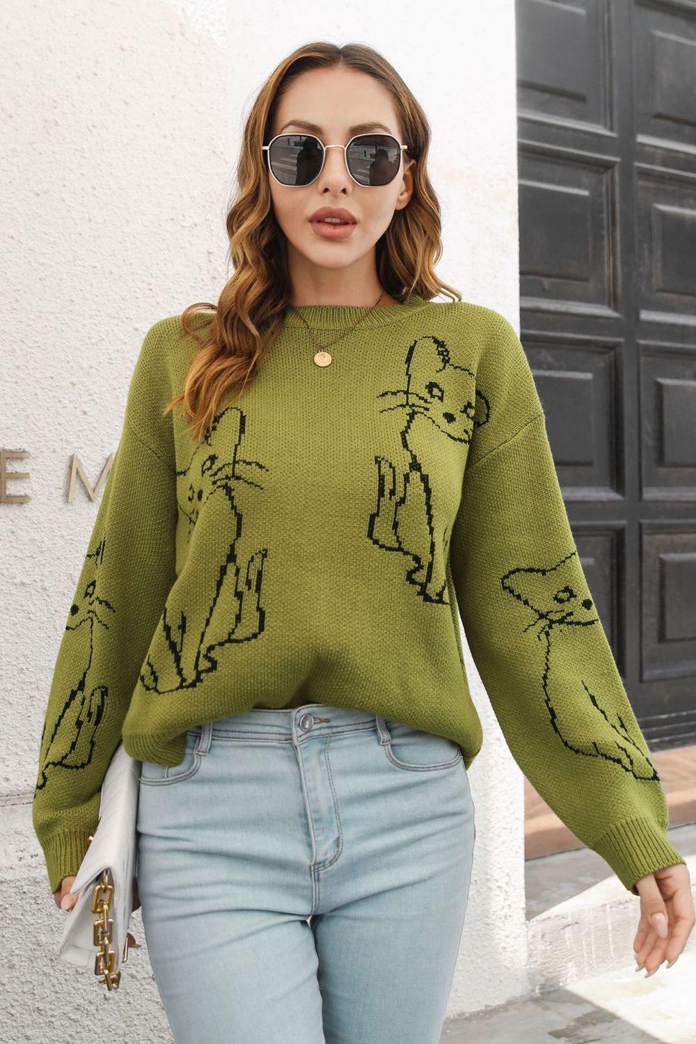 Cat Pattern Round Neck Long Sleeve Pullover Sweater - Trendsi