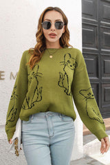 Cat Pattern Round Neck Long Sleeve Pullover Sweater - Trendsi
