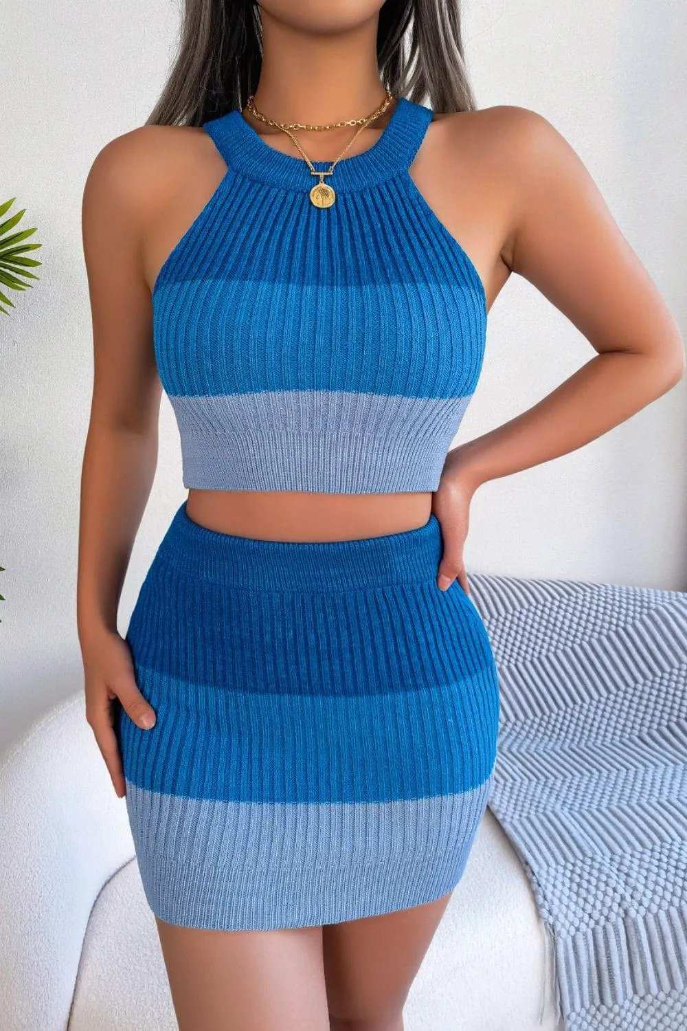 Color Block Sleeveless Crop Knit Top and Skirt Set - Trendsi - Flyclothing LLC