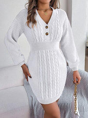 Buttoned Cable-Knit V-Neck Sweater Dress - Trendsi