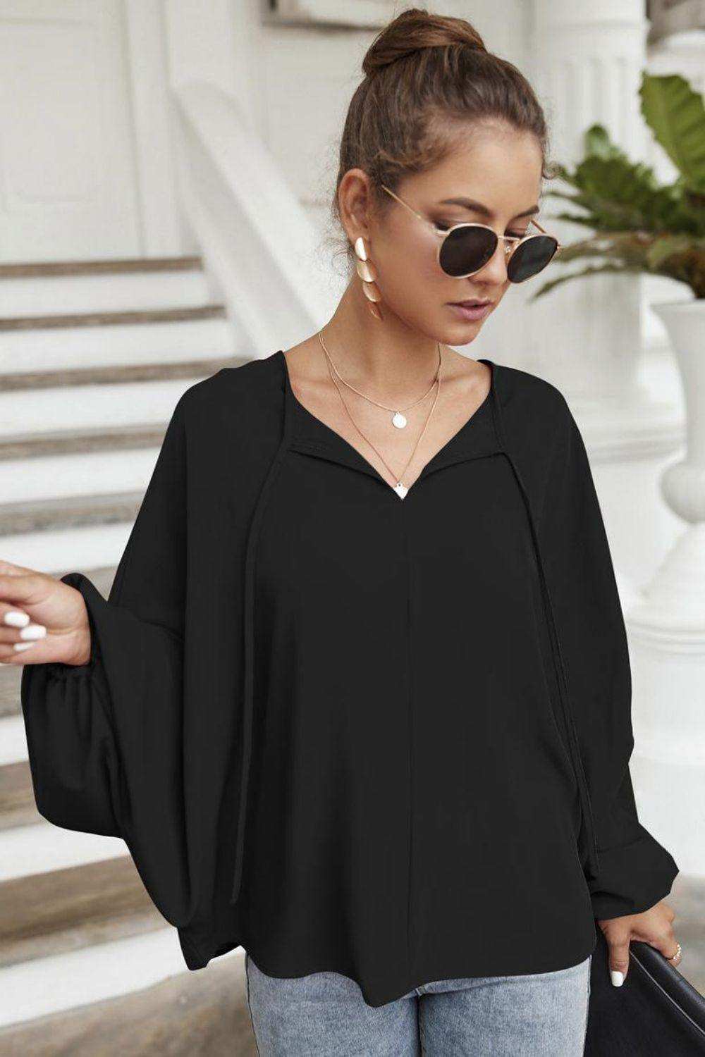 Tie Neck Balloon Sleeve Blouse - Trendsi - Flyclothing LLC