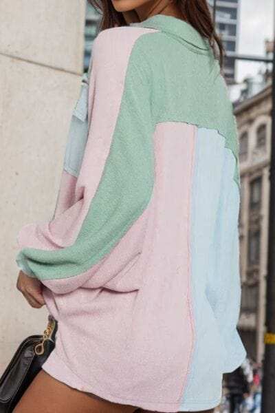 Contrast Pocketed Button Up Long Sleeve Shacket - Trendsi - Flyclothing LLC