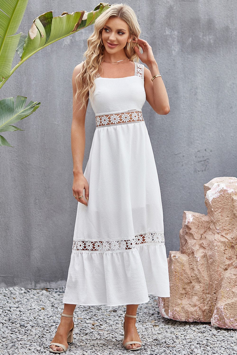Flower Crochet Wide Strap Midi Dress - Trendsi