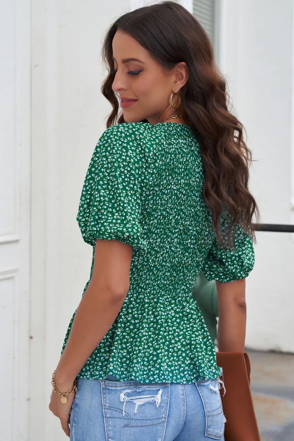 Smocked Balloon Sleeve Peplum Blouse - Trendsi - Flyclothing LLC