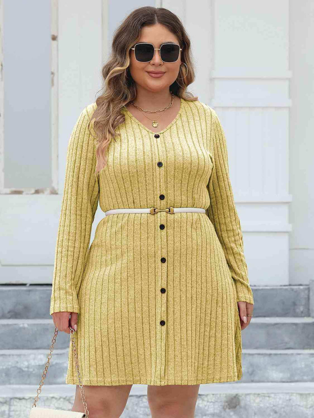 Plus Size Ribbed Buttoned V-Neck Long Sleeve Dress - Trendsi - Flyclothing LLC