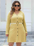 Plus Size Ribbed Buttoned V-Neck Long Sleeve Dress - Trendsi - Flyclothing LLC