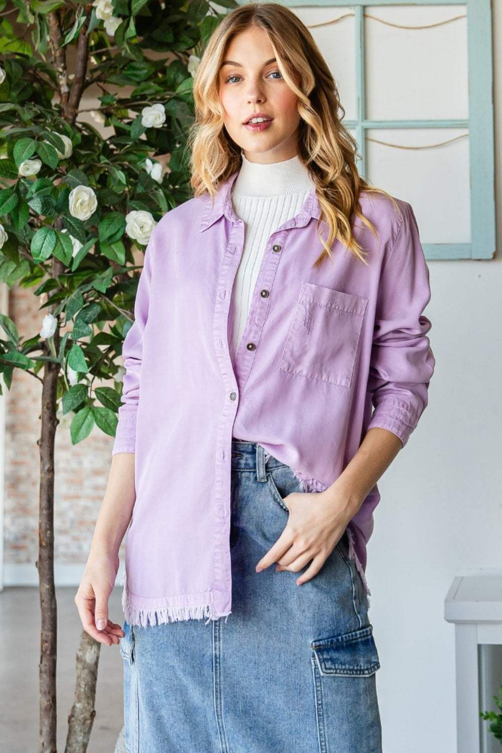 Veveret Raw Hem Button Up Long Sleeve Shirt - Trendsi - Flyclothing LLC