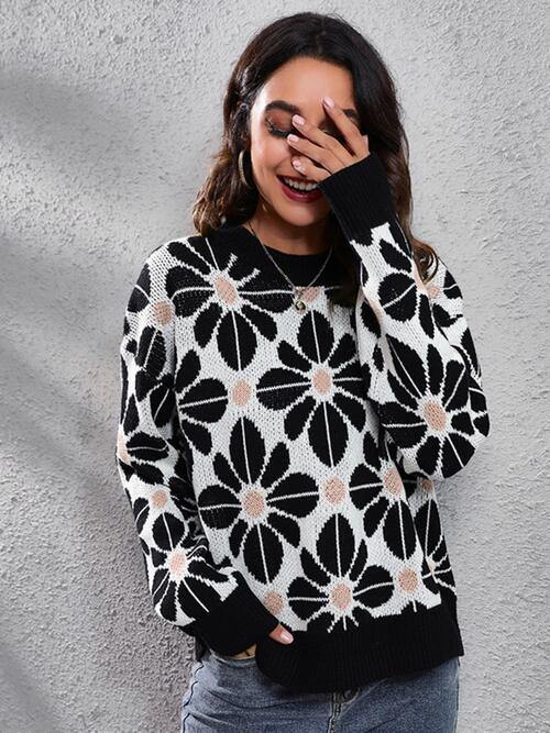 Floral Round Neck Long Sleeve Sweater - Trendsi