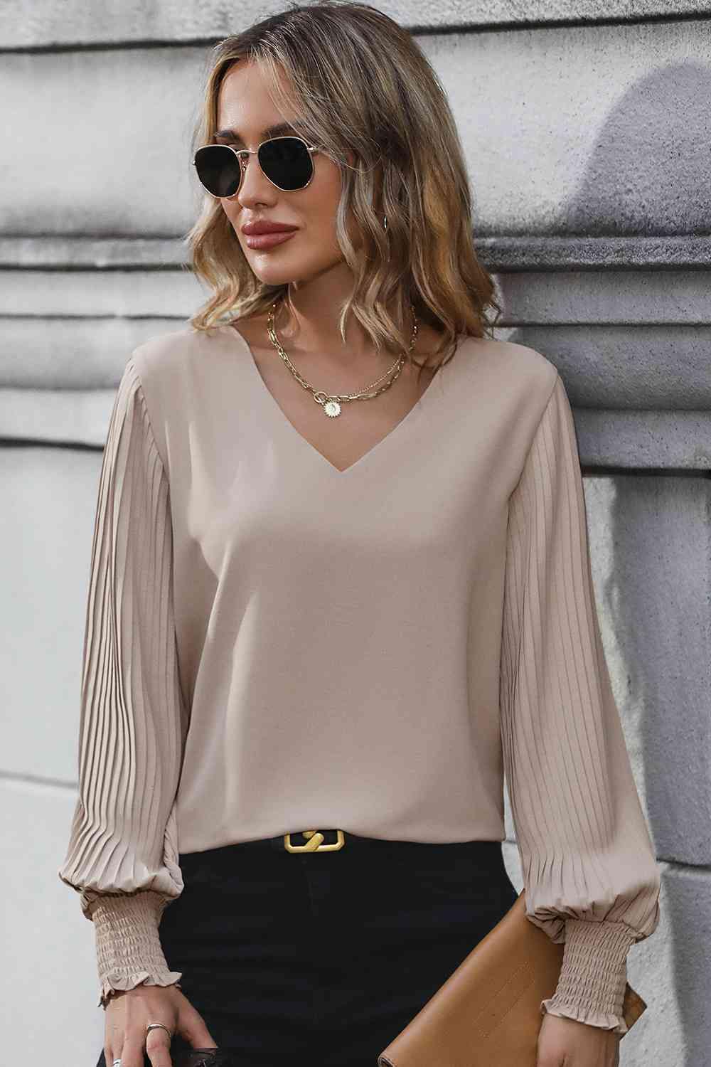 Pleated Lantern Sleeve V-Neck Blouse - Trendsi