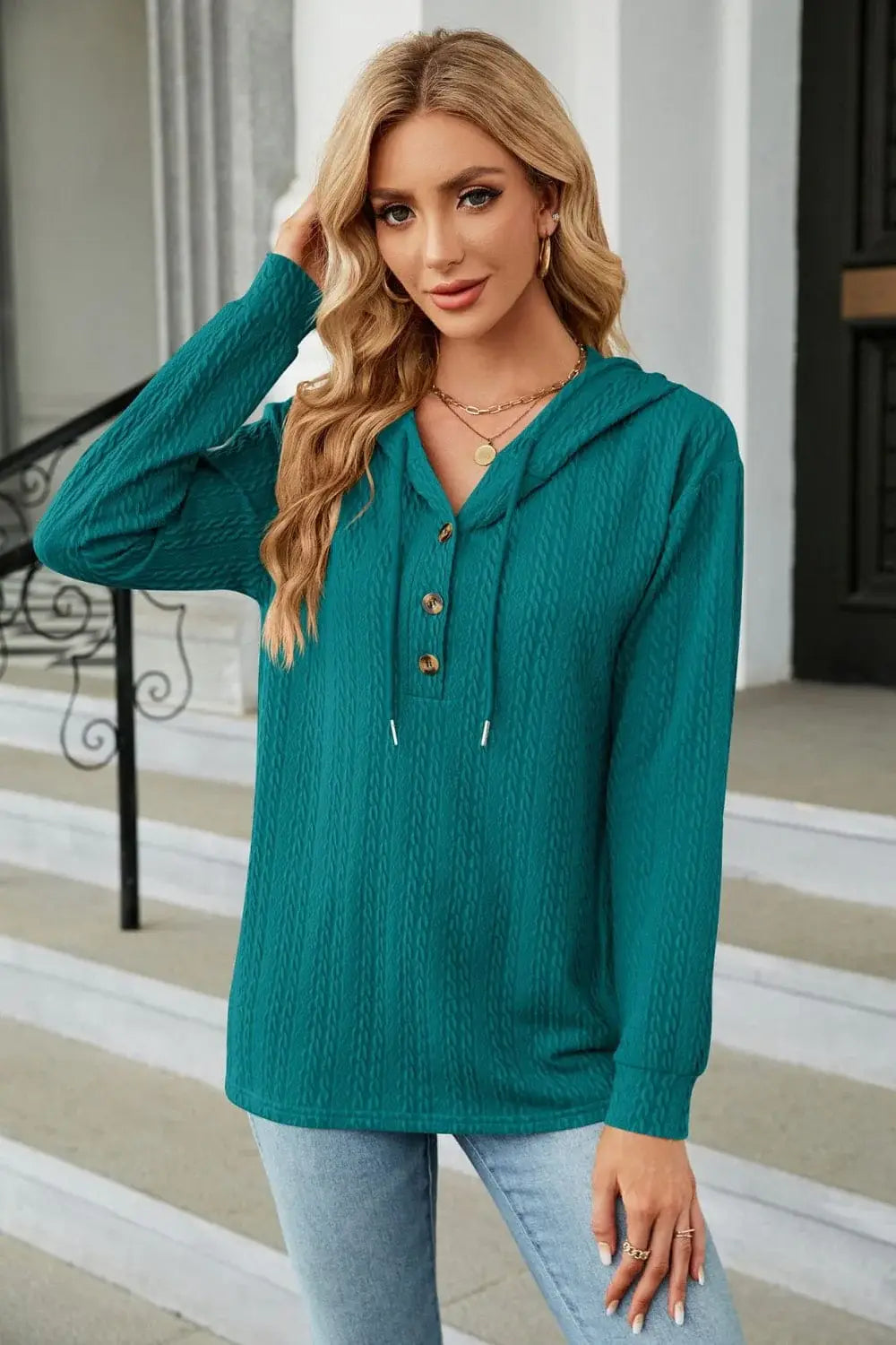 Cable-Knit Long Sleeve Hoodie - Trendsi - Flyclothing LLC