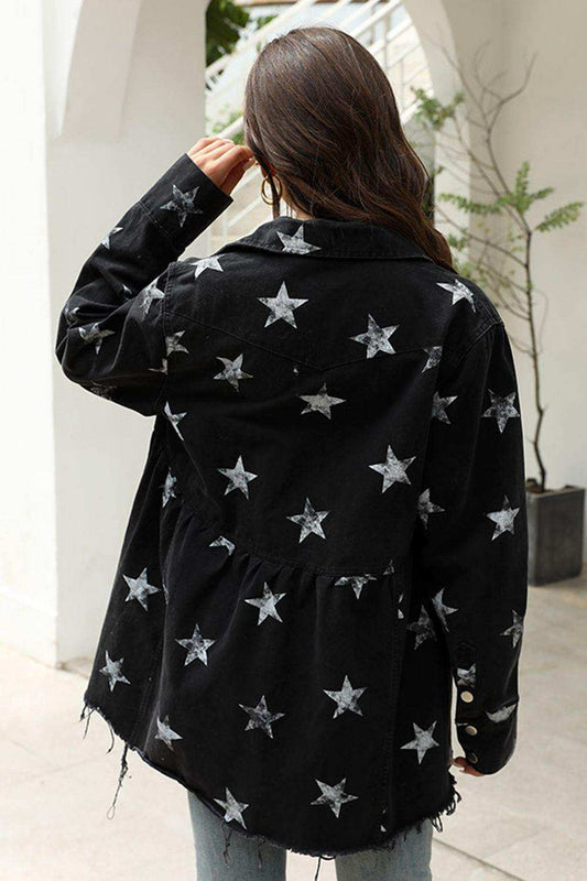 Collared Neck Star Print Long Sleeve Denim Jacket - Trendsi - Flyclothing LLC