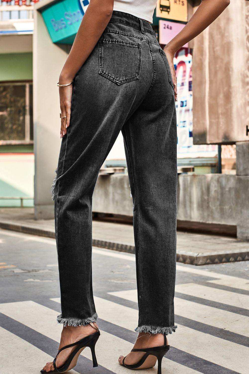 Distresssed Buttoned Loose Fit Jeans - Trendsi - Flyclothing LLC