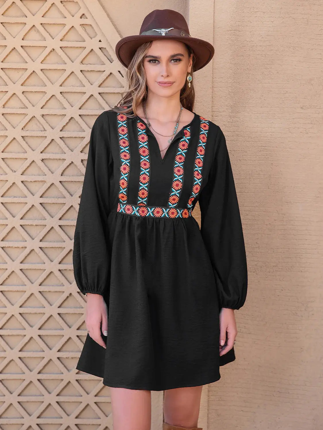 Notched Neck Long Sleeve Printed Mini Dress - Trendsi - Flyclothing LLC