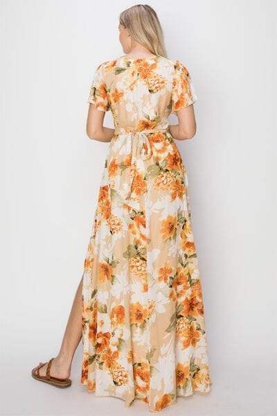 HYFVE Floral Tie Back Short Sleeve Slit Maxi Dress - Trendsi - Flyclothing LLC