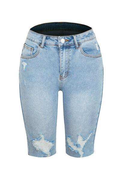 Distressed Pocketed Denim Shorts - Trendsi - Flyclothing LLC