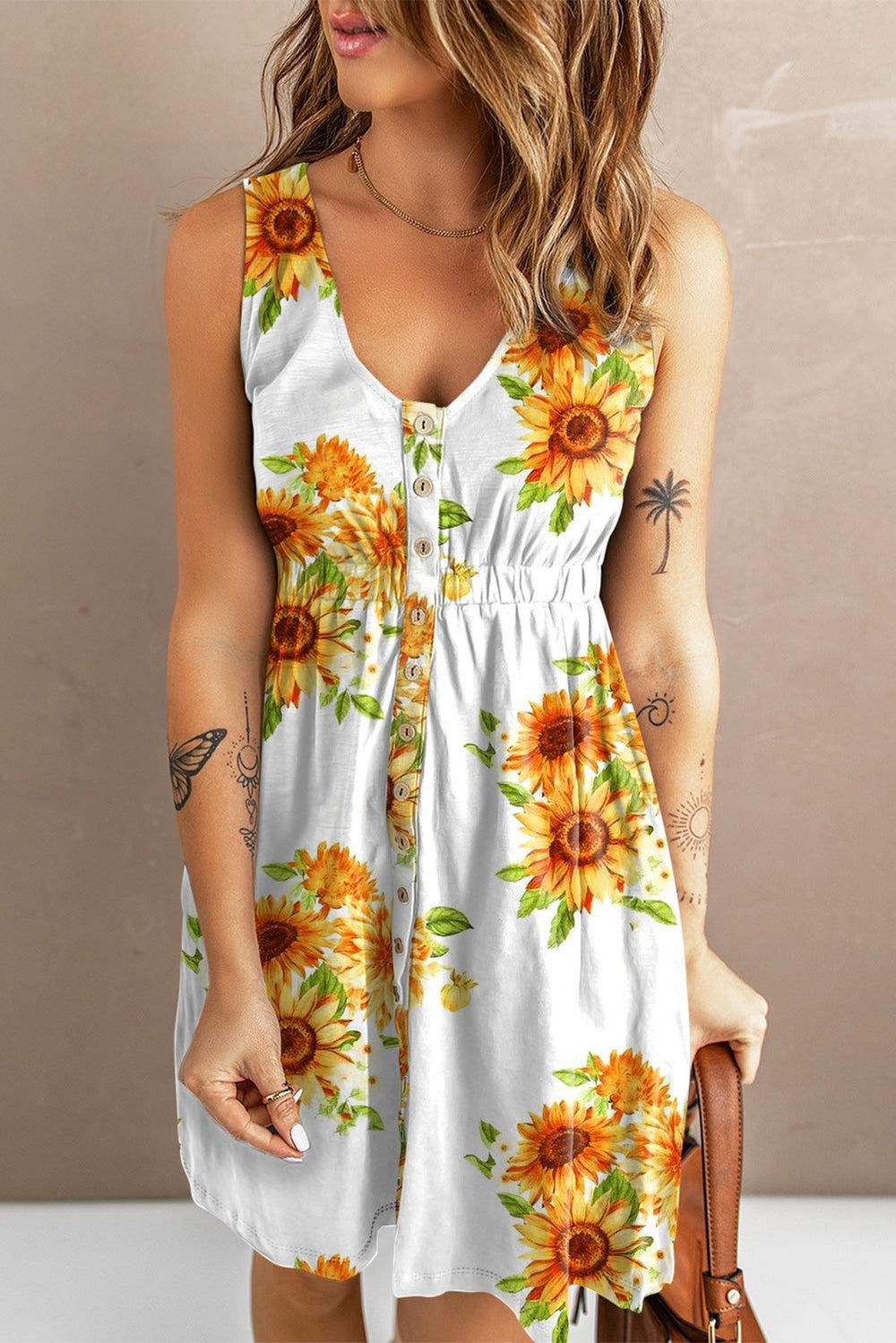 Sunflower Print Button Down Sleeveless Dress - Trendsi
