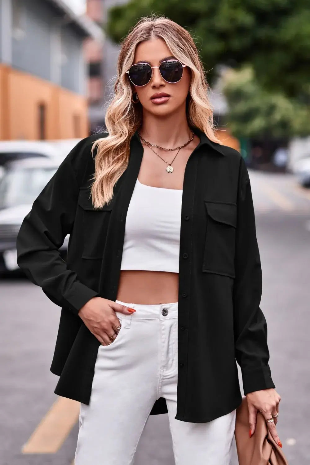 Dropped Shoulder Longline Shirt with Pockets - Trendsi - Flyclothing LLC
