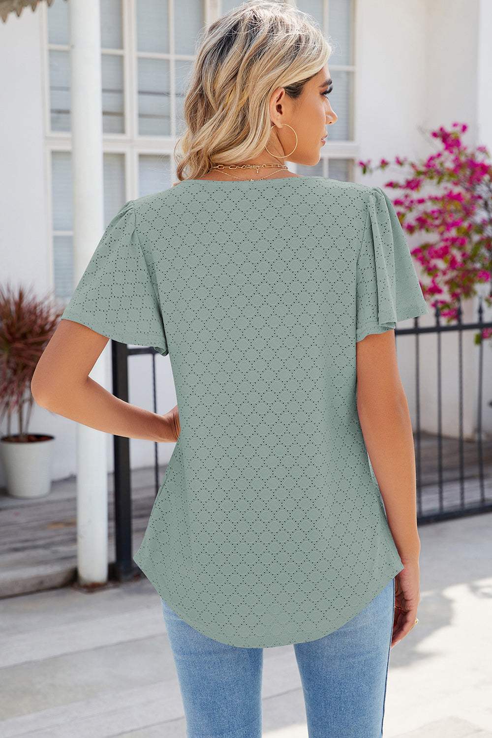 Eyelet Square Neck Flutter Sleeve Blouse - Trendsi - Flyclothing LLC