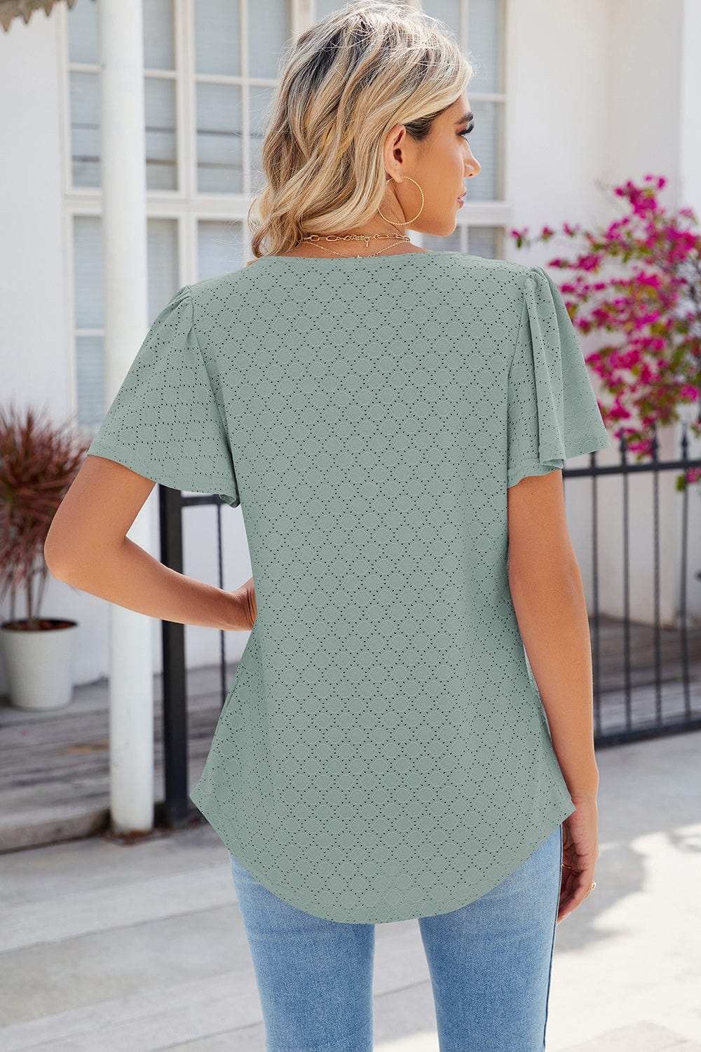 Eyelet Square Neck Flutter Sleeve Blouse - Trendsi - Flyclothing LLC