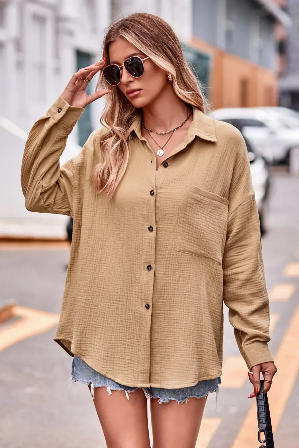 Textured Dropped Shoulder Longline Shirt - Trendsi - Flyclothing LLC