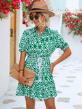 Printed Tie Waist Collared Flounce Sleeve Dress - Trendsi - Flyclothing LLC