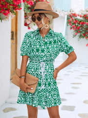 Printed Tie Waist Collared Flounce Sleeve Dress - Trendsi