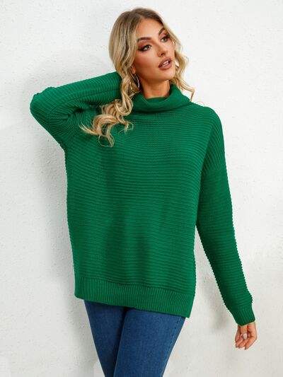Slit Turtleneck Dropped Shoulder Sweater - Trendsi - Flyclothing LLC