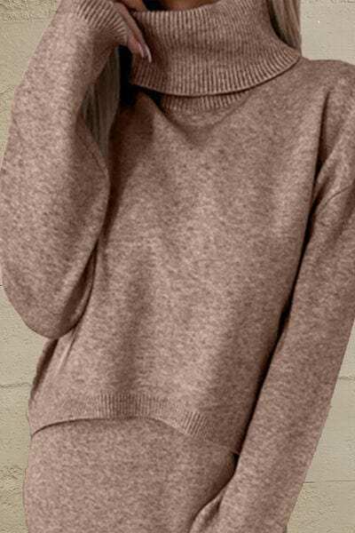 Turtleneck Dropped Shoulder Sweater and Midi Dress Sweater Set - Trendsi - Flyclothing LLC