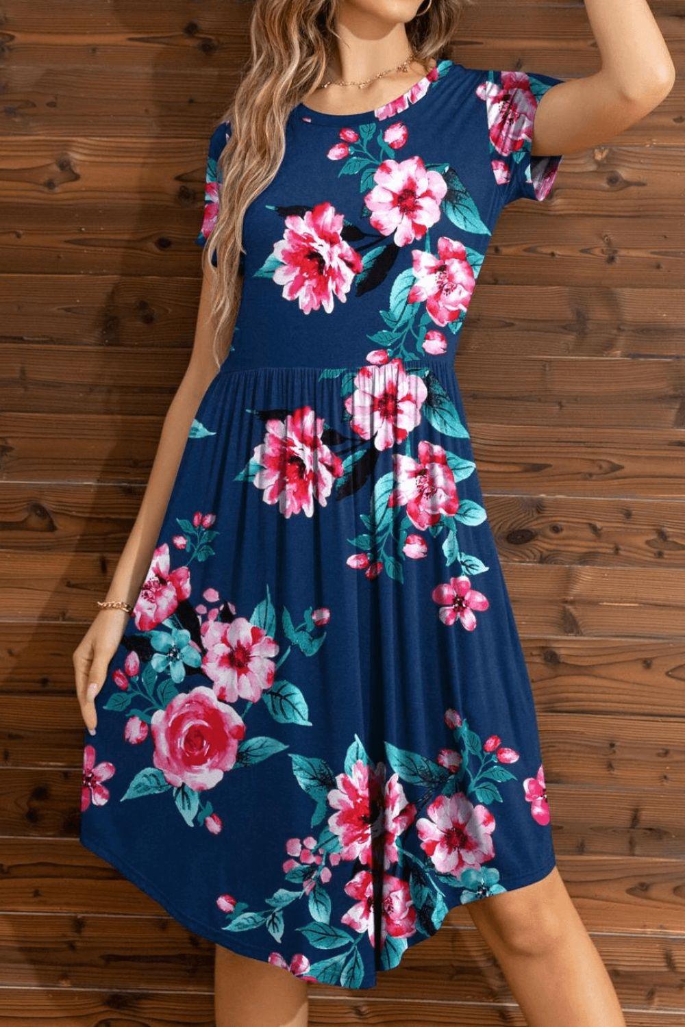 Floral Round Neck Short Sleeve Dress - Flyclothing LLC