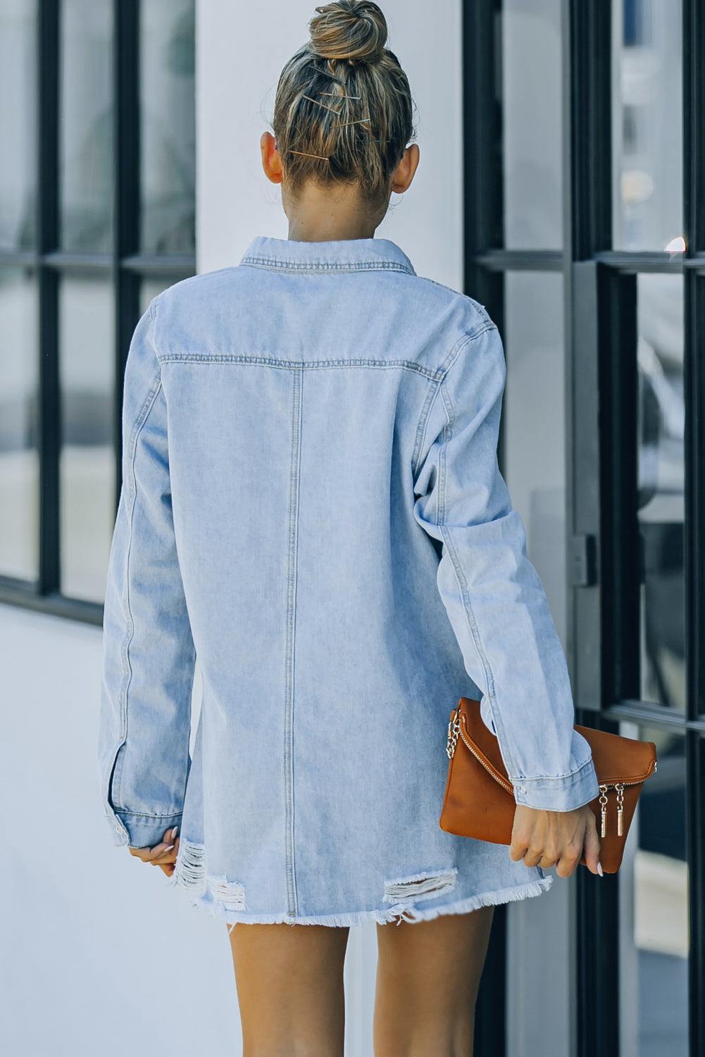 Distressed Snap Down Denim Jacket - Trendsi