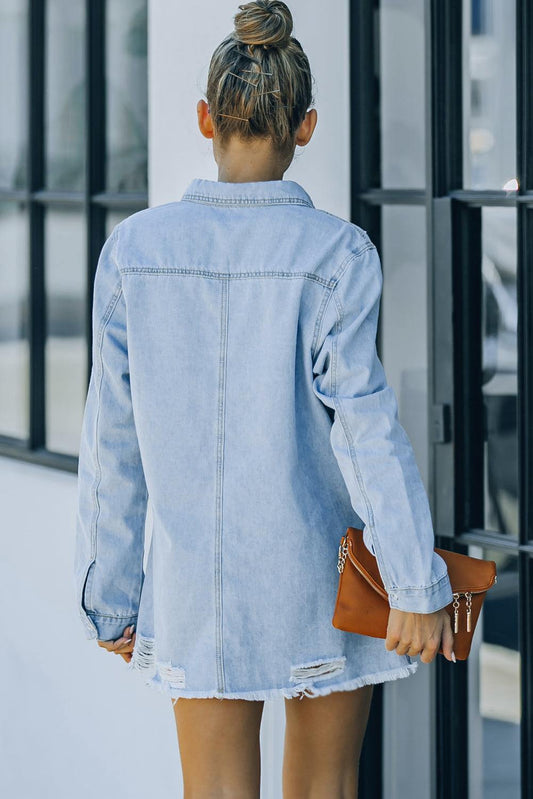 Distressed Snap Down Denim Jacket - Trendsi