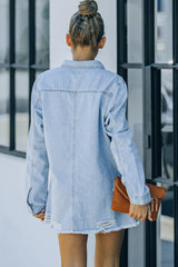 Distressed Snap Down Denim Jacket - Trendsi